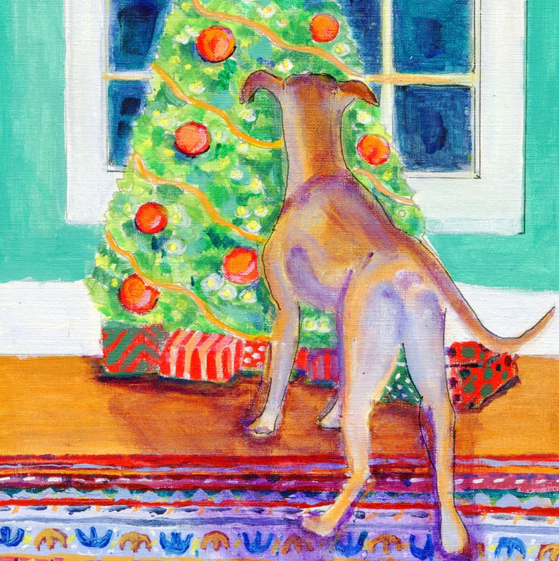 Greyhound art Holiday card, Greyt tree, blank inside, holiday dog art, Christmas card image 1