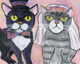 Cat Wedding Art Card: Tuxedo Cat & Tabby Bride (5x5)