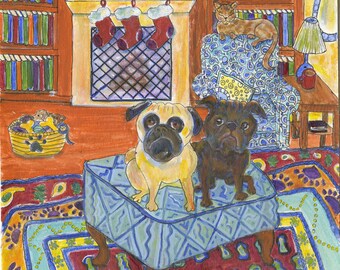 Pug Christmas card  "Pugs on Ottoman in front of stockings" Christmas cat, 5" square card, blank inside