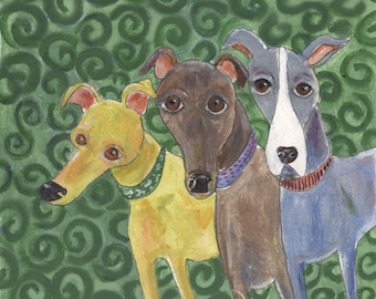 Greyhound art "Greyhound Swirls", 5" x 5" blank card, greyhound, lurchers,