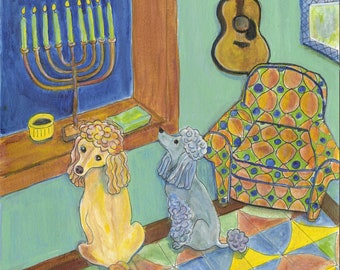 Holiday card, Hanukkah card featuring two poodles, "Poodle Duet gaze at menorahs", blank inside, holiday poodle art, chanukah, hanukkah