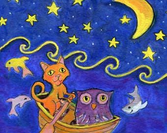Owl and Pussycat art card, 5" x 5" blank card