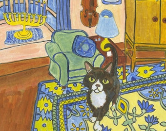 Hanukkah card featuring tuxedo cat, "Tuxedo at Hanukkah", blank inside, holiday cat art, chanukah, hanukkah, festival of lights