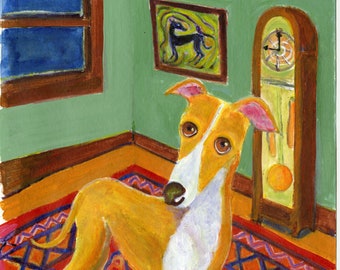 Greyhound Art Card/ Greeting Card: Features Whimsical Dog & Grandfather Clock. Blank Inside.