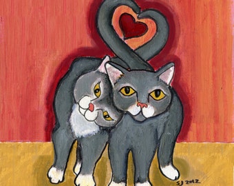 Valentine's Day, Cat love, Cat Art,  5" x 5" blank card
