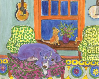 Dog art card, "Jolene on Ottoman in front of window at twilight" , 5" x 5" blank card