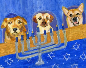 Dog art, Hanukkah card, "Hanukkah Dogs", holiday dog art card, blank inside.