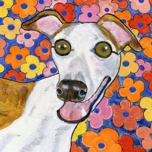 Greyhound art featuring a White and tan greyhound with flowers, 5&quot; x 5&quot; blank  greeting card