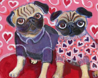 Love pugs card, Valentine pugs, 5" x 5" blank dog art card
