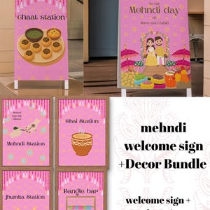 Puede incluir: Conjunto de letreros de bienvenida y decoración Mehndi rosas. Los letreros presentan ilustraciones de comida, parejas y elementos decorativos. El texto incluye "Ghaat station", "Mehndi day" y "Bangle bar".
