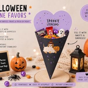 May include: A black paper cone favor holder featuring a dog in a ghost costume and a pumpkin graphic. The cone has a purple heart-shaped topper with the text "SPOOKY SEASON" and is filled with assorted candies, including a small white ghost figure.