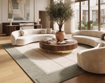 Tappeto in lana trapuntato a mano – Verde salvia, strisce beige, tappeto moderno e minimalista.