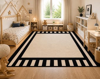 Tapete moderno com borda preta: Tapete luxuoso em tom creme neutro, tapete minimalista para sala de estar.