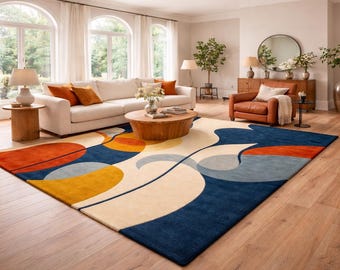 Modern Abstract Geometric Area Rug – Colorful Hand Tufted Wool Carpet for Living Room