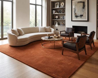 Orange Area Rug, Hand Tufted Wool Rug, Terracotta Rug, Burnt Orange Rug, Solid Color Rug, Modern Minimalist Living Room Rug