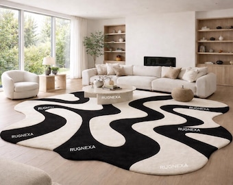 Hand-Tufted Wool Abstract Wavy Rug – Modern Irregular Shape Carpet