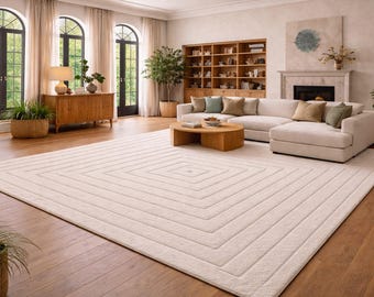 Neutral Geometric Textured Wool Blend Area Rug – Cream Ivory Luxury Carpet