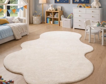 Irregular Ivory Wool Rug, Hand Tufted Organic Area Rug, Scandinavian Japandi Carpet, Minimalist Neutral Home Decor, Modern Living Room Rug