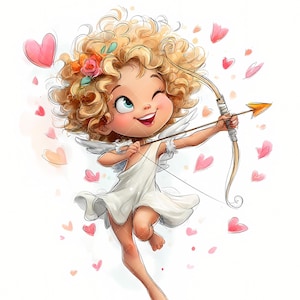 May include: A cartoon illustration of a cherubic figure with curly blonde hair, wearing a white dress and small white wings. The figure is holding a bow and arrow, with pink hearts floating around. A flower adorns the figure's hair.