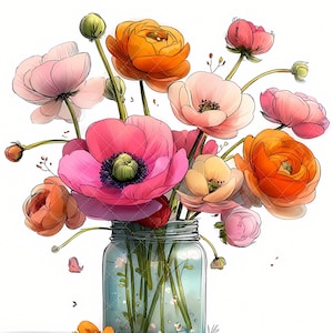 May include: A watercolor illustration of a bouquet of colorful flowers in a glass jar. The flowers include pink poppies, orange ranunculus, and other blooms. The jar is filled with water and sits on a white background.