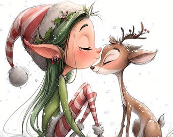 May include: A whimsical illustration of a Christmas elf and a deer sharing a tender moment. The elf, with green hair and a striped hat, is kissing the deer. The deer has antlers and is covered in spots. The scene is set in a snowy environment.