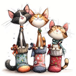 Clipart de acuarela de gatos navideños caprichosos: JPG de alta resolución (descarga digital: 42 JPG)