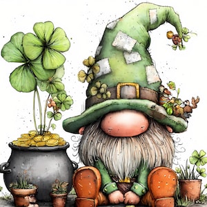 May include: Watercolor illustration of a leprechaun gnome with a long white beard, wearing a green hat and orange boots. A pot of gold and a large four-leaf clover are featured. Small pots with plants and scattered gold coins complete the St. Patrick's Day theme.