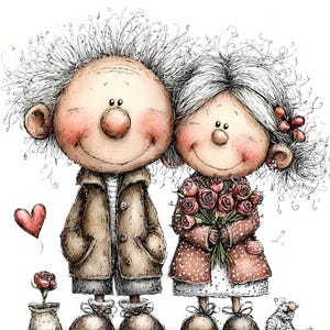 以下が含まれることがあります： 頬が赤く、白髪の笑顔のカップルの気まぐれなイラスト。女性は赤いバラの花束を持っています。赤いハートの風船と鉢植えのバラが左側にあります。小さな犬が右側に座っています。