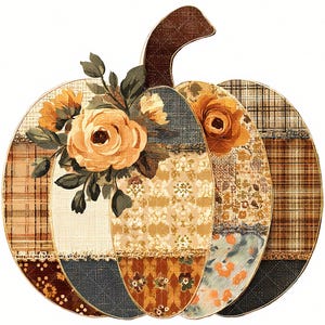 May include: A decorative pumpkin with a patchwork design featuring floral and plaid patterns in shades of orange, brown, and cream. The pumpkin is adorned with a cluster of orange roses and green leaves, perfect for autumn decor.