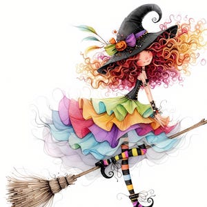 May include: A colourful illustration of a witch on a broomstick. She has a black hat with pumpkin and feather details, a black bodice, and a rainbow-layered skirt. Her curly red hair and striped socks contribute to the whimsical design.