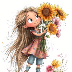 May include: Illustration of a young girl with long blonde hair holding a bouquet of sunflowers and pink flowers. She wears a pink dress with floral patterns, blue pants, and boots. The girl is smiling and looking upwards, with a white background.