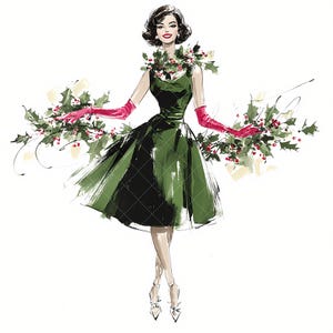 May include: An illustration of a woman in a green dress with a diamond pattern, red gloves, and a holly garland. The woman is wearing silver heels and has dark hair. The image has a watercolor style and a festive theme.