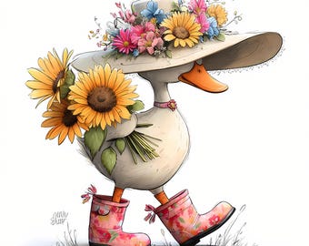 Clipart di un'oca femminile in acquerello, JPG di un'oca floreale e sciocca, decorazioni per la cameretta dei bambini Coquette, Clip art per baby shower in stile boho, JPG di compleanno per bambina, digitale