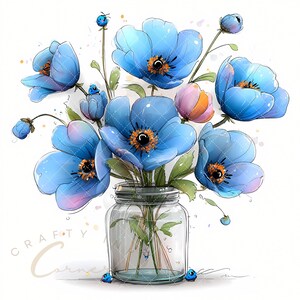 May include: A watercolor illustration of a bouquet of blue flowers with orange centers in a clear glass jar. The flowers have a delicate, textured appearance. The jar is filled with green stems and leaves. Small blue ladybugs are scattered around the jar.