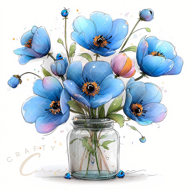 May include: A watercolor illustration of a bouquet of blue flowers with orange centers in a clear glass jar. The flowers have a delicate, textured appearance. The jar is filled with green stems and leaves. Small blue ladybugs are scattered around the jar.
