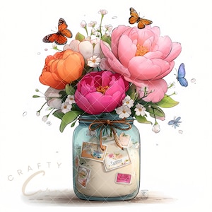 May include: A watercolor illustration of a mason jar filled with a creamy substance and a bouquet of flowers. The flowers are pink, orange, and white, with green leaves. Butterflies flutter around the flowers. The jar has small labels attached.