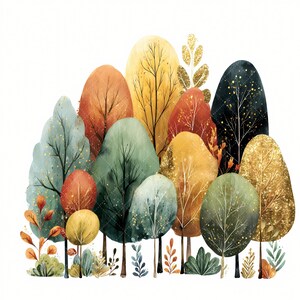 May include: Watercolor illustration of a collection of stylized trees in various colors. The trees feature shades of green, orange, yellow, and gold, with delicate branches and foliage. The artwork has a whimsical and artistic feel, perfect for wall art or home decor.