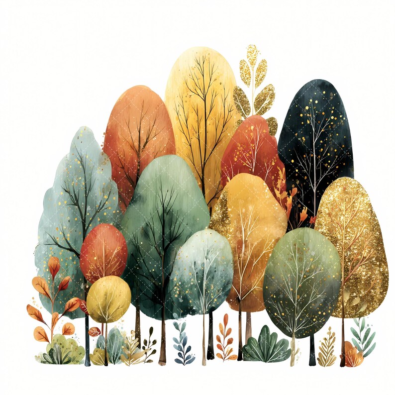 May include: Watercolor illustration of a collection of stylized trees in various colors. The trees feature shades of green, orange, yellow, and gold, with delicate branches and foliage. The artwork has a whimsical and artistic feel, perfect for wall art or home decor.