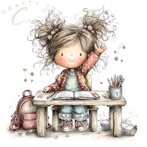 Puede incluir: Una ilustración digital de un niño con coletas desordenadas sentado en un escritorio de madera con un libro abierto, un lápiz y un bote de lápices. Una mochila roja está en el suelo junto al escritorio. El texto Crafty Ink es visible arriba a la izquierda.