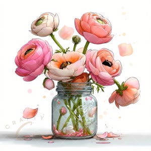 May include: A watercolor illustration of a mason jar filled with pink and peach ranunculus flowers. The flowers have multiple layers of petals and green stems. Scattered petals and the word "Crafty" are visible.