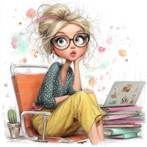 May include: Illustration of a woman with blonde hair and glasses, seated in an orange chair. She wears a teal polka-dot shirt and yellow trousers. A laptop and a stack of books are next to her. A small cactus in a pot is on the left.