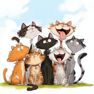 Pu&ograve; includere: Illustrazione colorata di nove gatti dei cartoni animati con varie espressioni. I gatti hanno diversi motivi di pelliccia, tra cui arancione, nero e grigio. Alcuni gatti hanno la lingua di fuori, su uno sfondo di cielo blu.