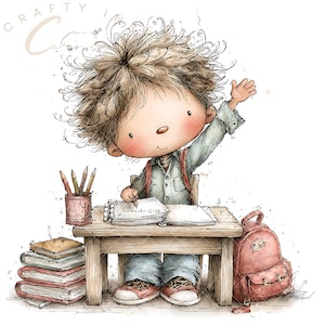 May include: A whimsical illustration of a child with messy hair sitting at a wooden desk, raising one hand. The child wears a light blue shirt and jeans, with a red backpack, a stack of books, and a pencil holder on the desk. The text Crafty reads at the top.