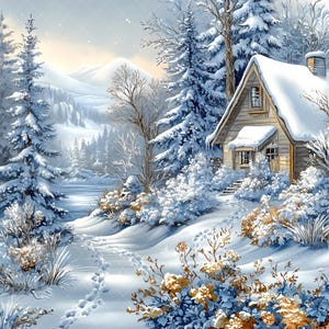 Puede incluir: Pintura a la acuarela de un paisaje invernal nevado. Una cabaña de madera rústica, con un tejado cubierto de nieve, se encuentra entre árboles de hoja perenne cubiertos de nieve. Huellas conducen a través de la nieve hacia la cabaña. La escena está pintada en tonos de azul, blanco y marrón.