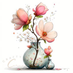 May include: Watercolor illustration of a floral arrangement featuring pink and peach magnolia blossoms in a glass vase. Delicate white flowers and green leaves accent the arrangement. The image has the text "Crafty Corner" in the lower left corner.