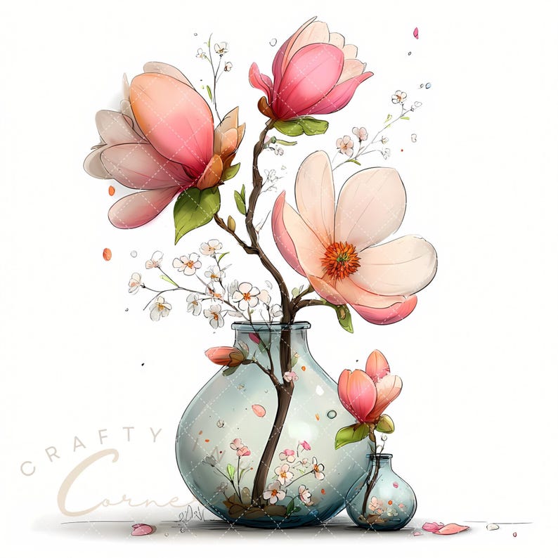 May include: Watercolor illustration of a floral arrangement featuring pink and peach magnolia blossoms in a glass vase. Delicate white flowers and green leaves accent the arrangement. The image has the text "Crafty Corner" in the lower left corner.