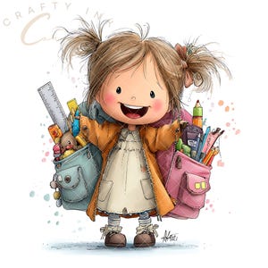 May include: A cartoon illustration of a child with brown hair in pigtails, wearing an orange jacket and white dress, carrying a blue backpack on one side and a pink backpack on the other, both filled with school supplies like a ruler and pencils.