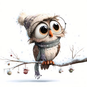 May include: A whimsical cartoon owl wearing a knit hat, glasses, and a scarf, perched on a snow-covered branch. The owl has large, expressive eyes and is surrounded by falling snow. The branch is decorated with small ornaments, creating a festive winter scene.