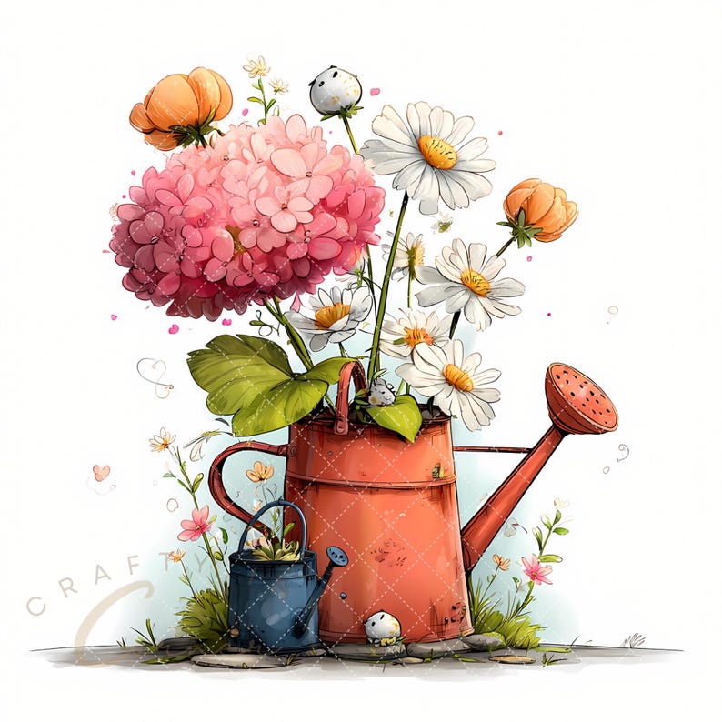 May include: Watercolor illustration of a red watering can overflowing with pink hydrangea, white daisies, and orange flowers. A small blue watering can sits beside the larger one. The image has a whimsical, garden theme.
