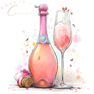 May include: A watercolor-style illustration of a pink champagne bottle and a filled flute glass. The bottle features a light blue label with the text Crafty in Corner visible at the top. A cork lies nearby, surrounded by scattered pink petals.